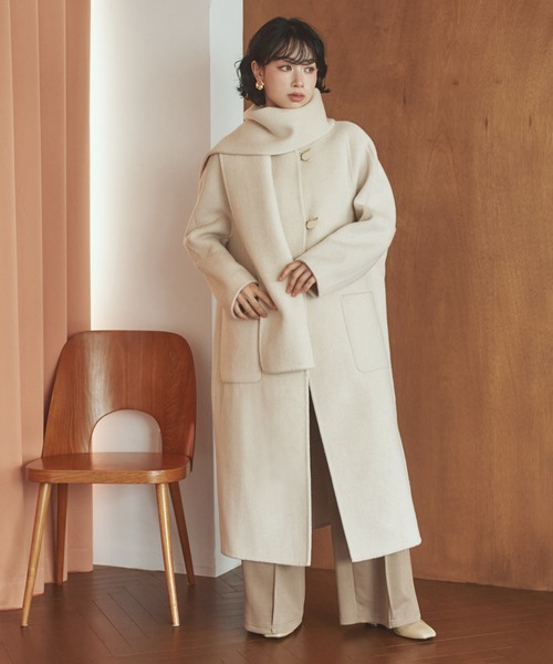 cashmere muffler collarless coat /カシミヤマフラー付きカラーレス