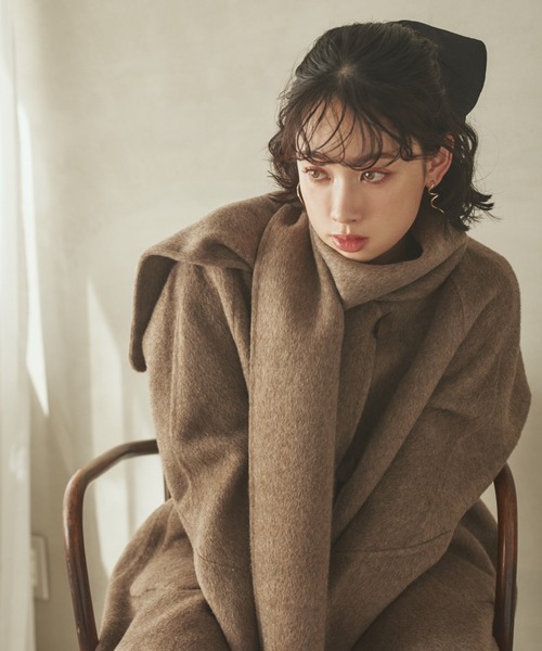 LAULEN(ローレン)の「cashmere muffler collarless coat /カシミヤマフラー付きカラーレスロングコート(ノーカラーコート・レディース・アイボリー/グレイッシュベージュ/チャコールグレー/ブラウン・FREE)」の13枚目の写真