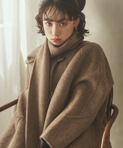 LAULEN(ローレン)の「cashmere muffler collarless coat /カシミヤマフラー付きカラーレスロングコート(ノーカラーコート・レディース・アイボリー/グレイッシュベージュ/チャコールグレー/ブラウン・FREE)」の15枚目の写真