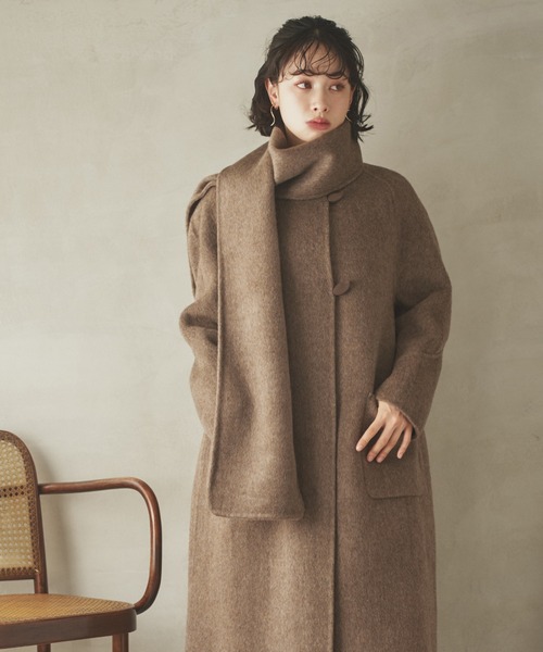 cashmere muffler collarless coat /カシミヤマフラー付きカラーレス