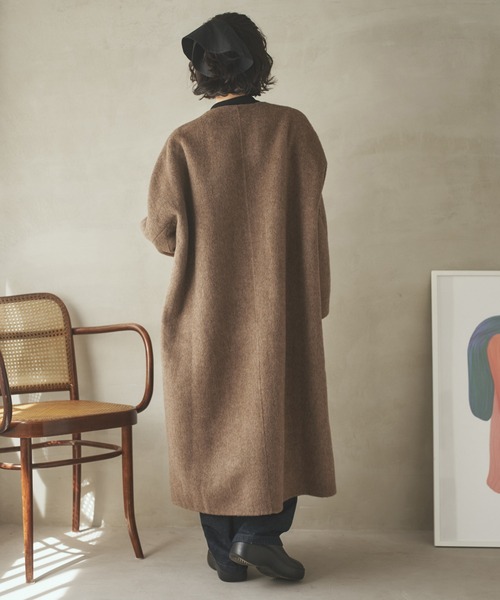 cashmere muffler collarless coat /カシミヤマフラー付きカラーレス
