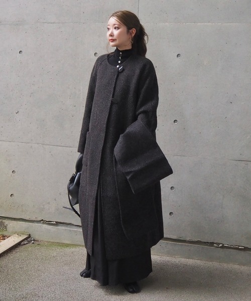 louren ロングコート　マフラー付き cashmere muffler collarless coat /カシミヤマフラー付きカラー