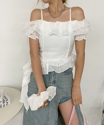 シュシュ付アシメフリルショート丈オフショルトップス