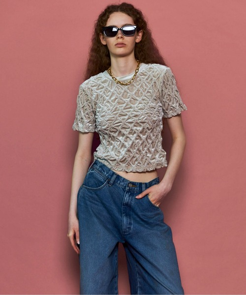 セール】Velor Shirring Tops/ベロアシャーリングトップス