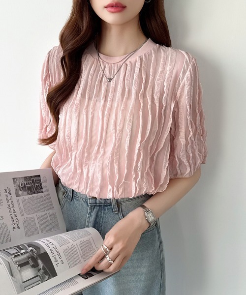 極美品☆プリーツプリーズ 変形 フリル トップス カットソー シアー セール】シアーフリルトップス（Tシャツ/カットソー）｜AMELY