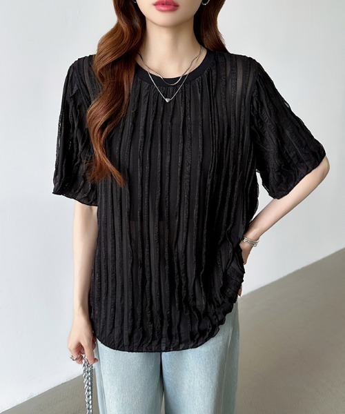 COCOMOMO(ココモモ)の「ウェーブフリルで華やかに フリルトップス シアートップス フリルTシャツ 半袖 フリル カットソー 夏服(Tシャツ/カットソー・レディース・ホワイト/ライトグレー/ピンク/ベージュ/ブルー/ブラック・S/M/L)」の20枚目の写真
