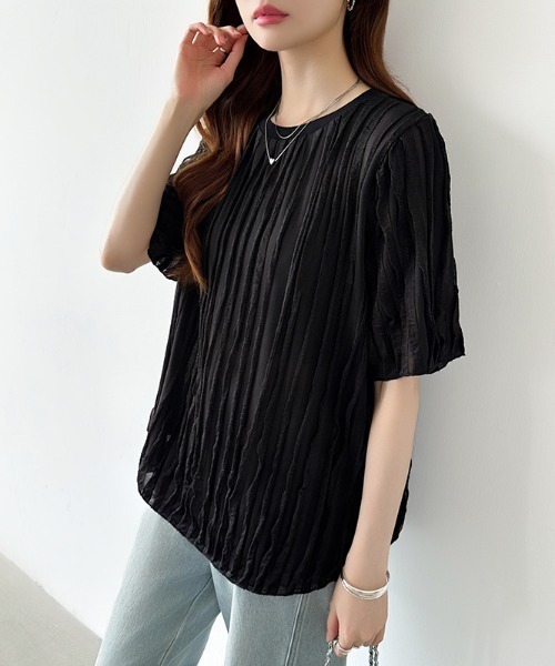 COCOMOMO(ココモモ)の「ウェーブフリルで華やかに フリルトップス シアートップス フリルTシャツ 半袖 フリル カットソー 夏服(Tシャツ/カットソー・レディース・ホワイト/ライトグレー/ピンク/ベージュ/ブルー/ブラック・S/M/L)」の21枚目の写真
