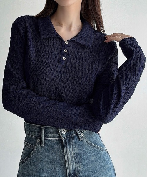 Meiru(メイル)の「薄手ストレッチジャガード長袖ポロカットソー(Tシャツ/カットソー・レディース・ブラウン/ブラック/ネイビー・LARGE/MEDIUM/SMALL)」の3枚目の写真