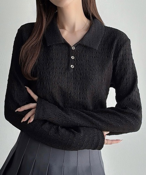 Meiru(メイル)の「薄手ストレッチジャガード長袖ポロカットソー(Tシャツ/カットソー・レディース・ブラウン/ブラック/ネイビー・LARGE/MEDIUM/SMALL)」の2枚目の写真