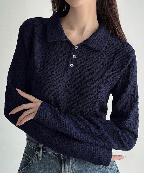 Meiru(メイル)の「薄手ストレッチジャガード長袖ポロカットソー(Tシャツ/カットソー・レディース・ブラウン/ブラック/ネイビー・LARGE/MEDIUM/SMALL)」の5枚目の写真