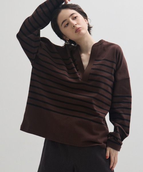 CLANE/クラネ】WIDE HENRY NECK BORDER TOPS/ワイドヘンリーネック