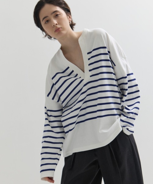 CLANE/クラネ】WIDE HENRY NECK BORDER TOPS/ワイドヘンリーネック