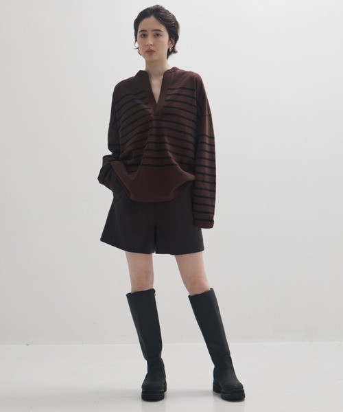 セール】【CLANE/クラネ】WIDE HENRY NECK BORDER TOPS/ワイドヘンリー