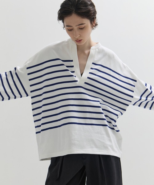 CLANE/クラネ】WIDE HENRY NECK BORDER TOPS/ワイドヘンリーネック