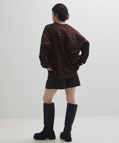セール】【CLANE/クラネ】WIDE HENRY NECK BORDER TOPS/ワイドヘンリー