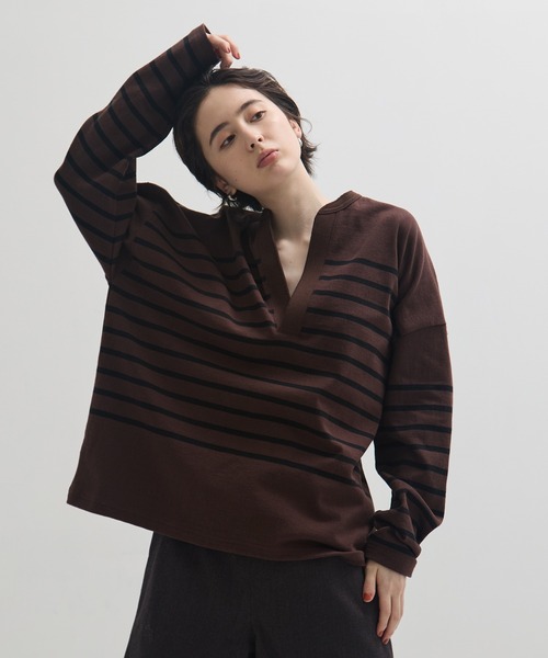 CLANE/クラネ】WIDE HENRY NECK BORDER TOPS/ワイドヘンリーネック