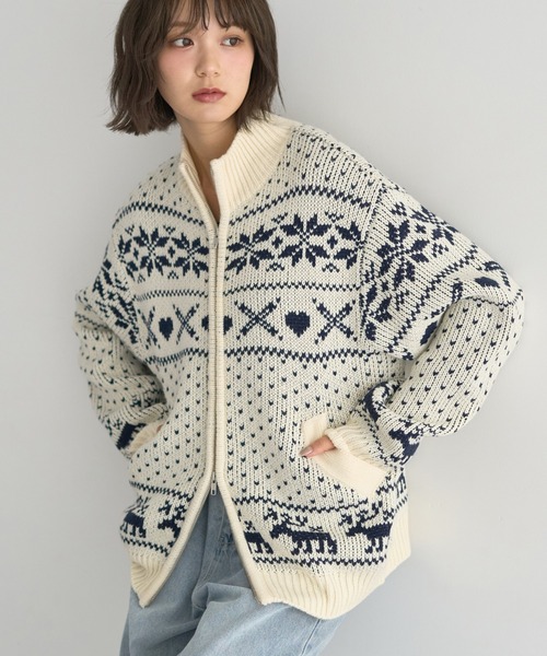 セール】【2025AW】ダブルzipノルディックカウチンニットカーディガン