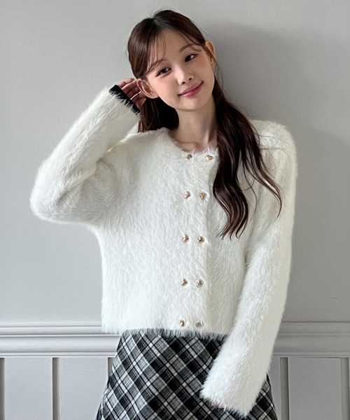 着用動画あり・3色展開】ハートボタン ファー ニットカーディガン