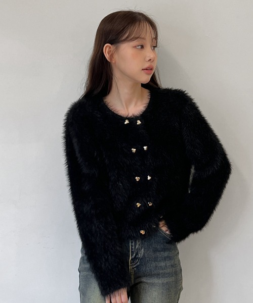 着用動画あり・3色展開】ハートボタン ファー ニットカーディガン/2025