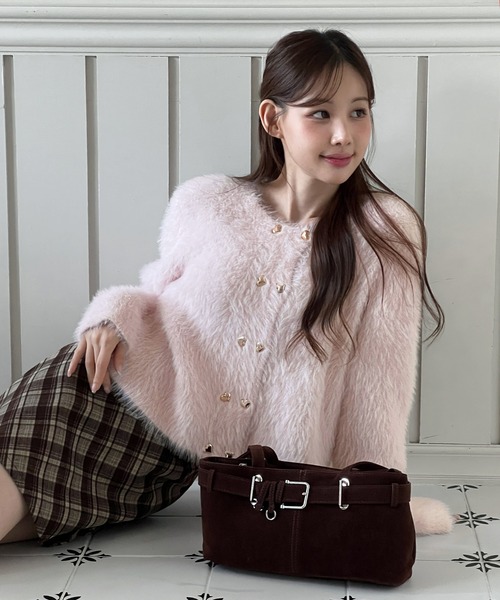 着用動画あり・3色展開】ハートボタン ファー ニットカーディガン/2025