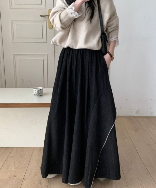 ABITOKYO（アビトーキョー）の「アシメデザインデニムワイドスカパン（デニムパンツ・レディース・ブラック/ブルー・FREE）」の9枚目の写真