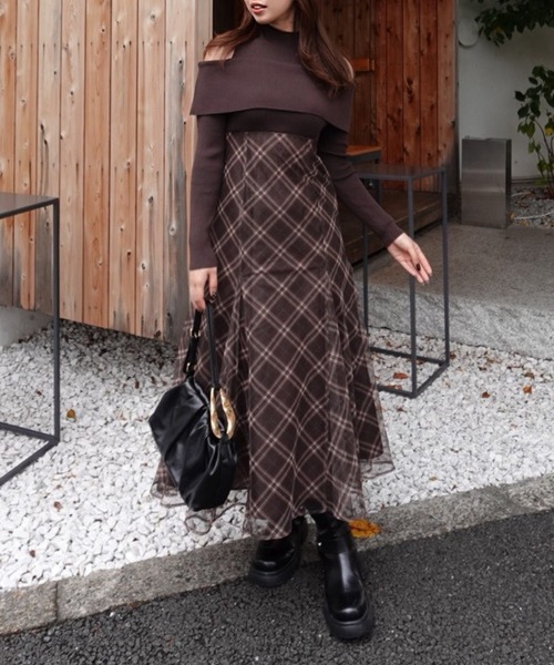 セール】ドッキングオフショルニットフレアワンピース 秋服 冬服