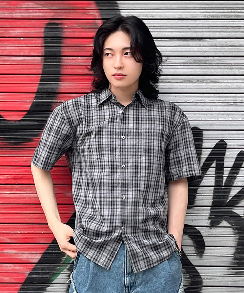 JUAN HOMME(ジュアンオム)の「ルーズドチェックハーフシャツ(ミントグレー)(シャツ/ブラウス・レディース・その他・MEDIUM/LARGE)」の1枚目の写真