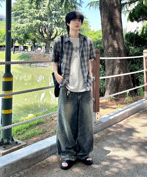 JUAN HOMME(ジュアンオム)の「ルーズドチェックハーフシャツ(ミントグレー)(シャツ/ブラウス・レディース・その他・MEDIUM/LARGE)」の2枚目の写真