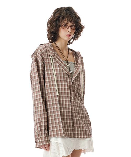 SECONDMONO（セカンドモノローグ）の「Check Hooded Shirt [BRICKRED]_SESH012BRICKRED（シャツ/ブラウス・レディース・その他・SMALL/MEDIUM/LARGE/X-SMALL）」の7枚目の写真