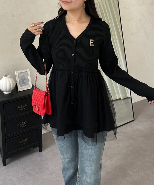 prose verse（プロズヴェール）の「チュールレイヤードVネックペプラムカーディガン（カーディガン/ボレロ・レディース・イエロー/ピンク/ブラック・LARGE/MEDIUM）」の5枚目の写真