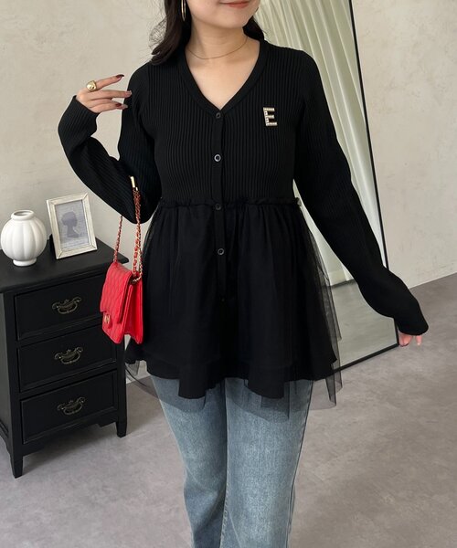 prose verse（プロズヴェール）の「チュールレイヤードVネックペプラムカーディガン（カーディガン/ボレロ・レディース・イエロー/ピンク/ブラック・LARGE/MEDIUM）」の6枚目の写真