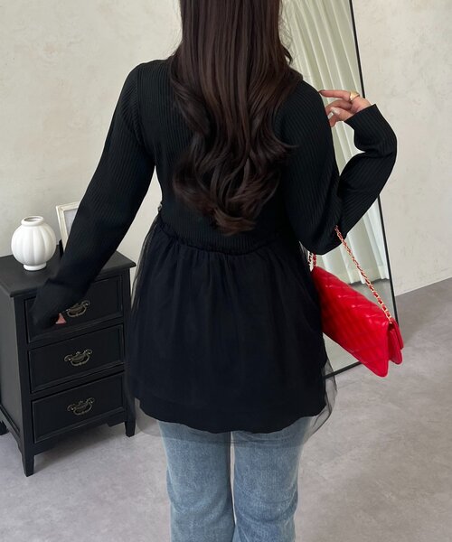 prose verse（プロズヴェール）の「チュールレイヤードVネックペプラムカーディガン（カーディガン/ボレロ・レディース・イエロー/ピンク/ブラック・LARGE/MEDIUM）」の8枚目の写真