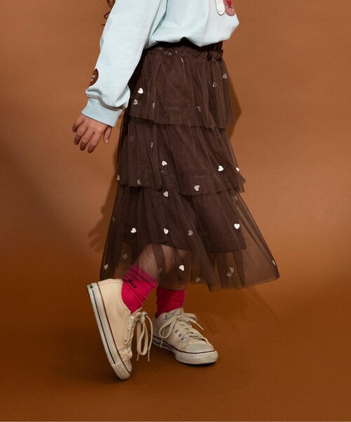 BREEZE（ブリーズ）の「ハート総柄 刺繍チュールスカート_ジュニア対応（スカート・キッズ・アイボリー/ブラウン・140/120/100/90）」の2枚目の写真