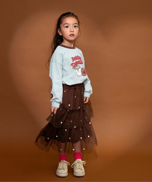 BREEZE（ブリーズ）の「ハート総柄 刺繍チュールスカート_ジュニア対応（スカート・キッズ・アイボリー/ブラウン・140/120/100/90）」の3枚目の写真