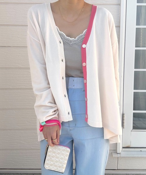 Q（キュー）の「バイカラーラインフレアカーディガン（カーディガン/ボレロ・レディース・ベージュ/ライトグレー/ターコイズブルー・MEDIUM）」の3枚目の写真