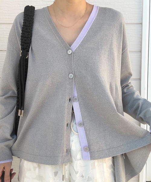 Q（キュー）の「バイカラーラインフレアカーディガン（カーディガン/ボレロ・レディース・ベージュ/ライトグレー/ターコイズブルー・MEDIUM）」の2枚目の写真