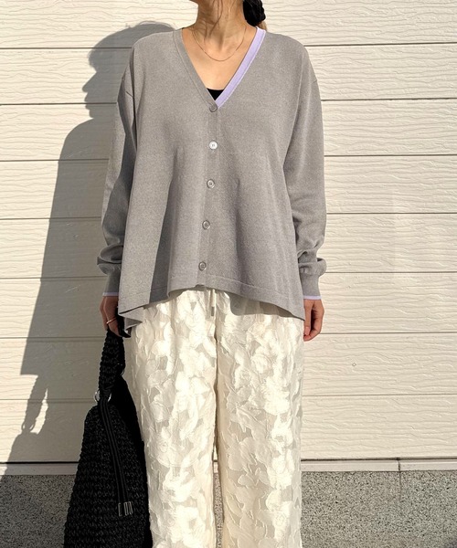 Q（キュー）の「バイカラーラインフレアカーディガン（カーディガン/ボレロ・レディース・ベージュ/ライトグレー/ターコイズブルー・MEDIUM）」の13枚目の写真