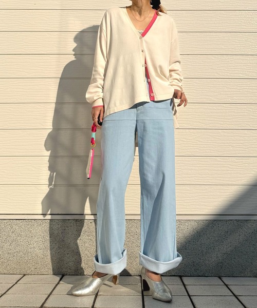 Q（キュー）の「バイカラーラインフレアカーディガン（カーディガン/ボレロ・レディース・ベージュ/ライトグレー/ターコイズブルー・MEDIUM）」の16枚目の写真