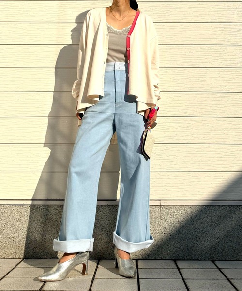 Q（キュー）の「バイカラーラインフレアカーディガン（カーディガン/ボレロ・レディース・ベージュ/ライトグレー/ターコイズブルー・MEDIUM）」の17枚目の写真