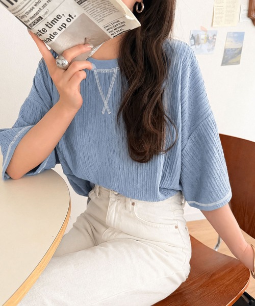 classicalelf(クラシカルエルフ)の「カラーで遊び心をプラス。配色ステッチ楊柳ガゼットトップス (半袖)(Tシャツ/カットソー・レディース・チャコール/ブラウン/ブラック/アイボリー/ブルー・LARGE/MEDIUM/SMALL/X-LARGE)」の5枚目の写真