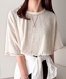 classicalelf（クラシカルエルフ）の「カラーで遊び心をプラス。配色ステッチ楊柳ガゼットトップス (半袖)（Tシャツ/カットソー）」