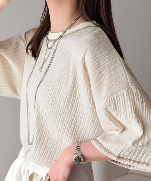classicalelf(クラシカルエルフ)の「カラーで遊び心をプラス。配色ステッチ楊柳ガゼットトップス (半袖)(Tシャツ/カットソー・レディース・チャコール/ブラウン/ブラック/アイボリー/ブルー・LARGE/MEDIUM/SMALL/X-LARGE)」の21枚目の写真