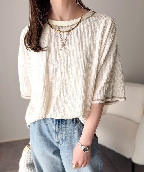 classicalelf(クラシカルエルフ)の「カラーで遊び心をプラス。配色ステッチ楊柳ガゼットトップス (半袖)(Tシャツ/カットソー・レディース・チャコール/ブラウン/ブラック/アイボリー/ブルー・LARGE/MEDIUM/SMALL/X-LARGE)」の20枚目の写真