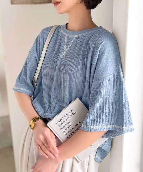 classicalelf(クラシカルエルフ)の「カラーで遊び心をプラス。配色ステッチ楊柳ガゼットトップス (半袖)(Tシャツ/カットソー・レディース・チャコール/ブラウン/ブラック/アイボリー/ブルー・LARGE/MEDIUM/SMALL/X-LARGE)」の19枚目の写真