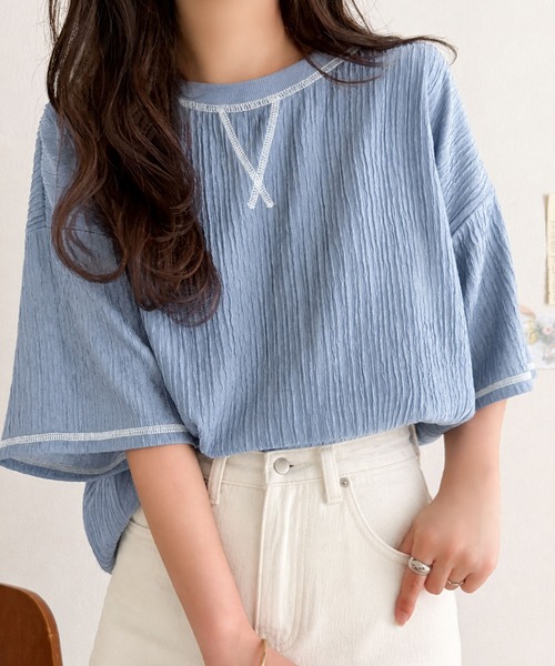 classicalelf(クラシカルエルフ)の「カラーで遊び心をプラス。配色ステッチ楊柳ガゼットトップス (半袖)(Tシャツ/カットソー・レディース・チャコール/ブラウン/ブラック/アイボリー/ブルー・LARGE/MEDIUM/SMALL/X-LARGE)」の17枚目の写真