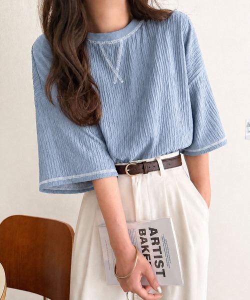 classicalelf(クラシカルエルフ)の「カラーで遊び心をプラス。配色ステッチ楊柳ガゼットトップス (半袖)(Tシャツ/カットソー・レディース・チャコール/ブラウン/ブラック/アイボリー/ブルー・LARGE/MEDIUM/SMALL/X-LARGE)」の16枚目の写真