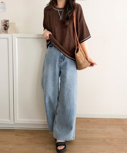 classicalelf(クラシカルエルフ)の「カラーで遊び心をプラス。配色ステッチ楊柳ガゼットトップス (半袖)(Tシャツ/カットソー・レディース・チャコール/ブラウン/ブラック/アイボリー/ブルー・LARGE/MEDIUM/SMALL/X-LARGE)」の11枚目の写真