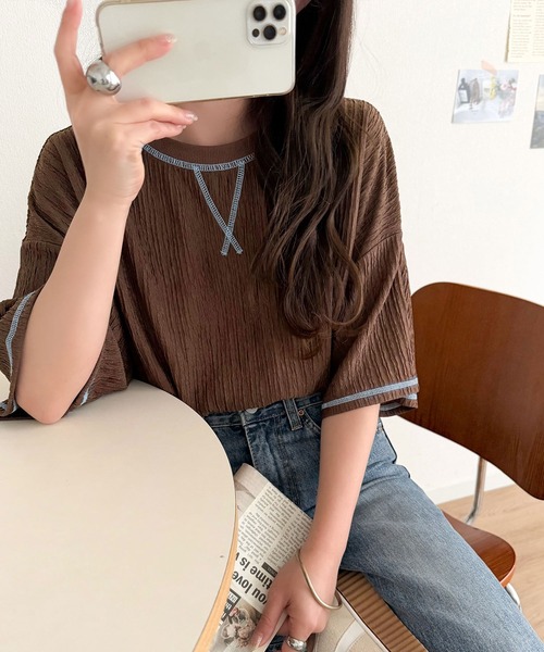 classicalelf(クラシカルエルフ)の「カラーで遊び心をプラス。配色ステッチ楊柳ガゼットトップス (半袖)(Tシャツ/カットソー・レディース・チャコール/ブラウン/ブラック/アイボリー/ブルー・LARGE/MEDIUM/SMALL/X-LARGE)」の10枚目の写真