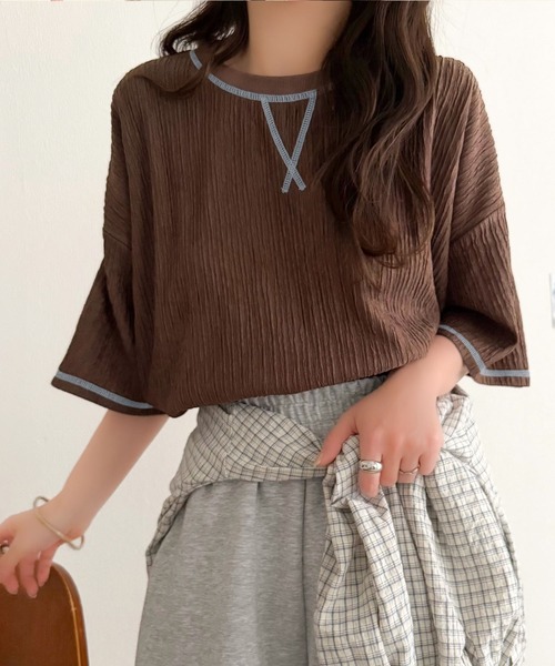 classicalelf(クラシカルエルフ)の「カラーで遊び心をプラス。配色ステッチ楊柳ガゼットトップス (半袖)(Tシャツ/カットソー・レディース・チャコール/ブラウン/ブラック/アイボリー/ブルー・LARGE/MEDIUM/SMALL/X-LARGE)」の15枚目の写真