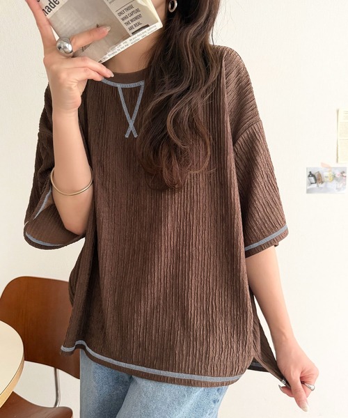 classicalelf(クラシカルエルフ)の「カラーで遊び心をプラス。配色ステッチ楊柳ガゼットトップス (半袖)(Tシャツ/カットソー・レディース・チャコール/ブラウン/ブラック/アイボリー/ブルー・LARGE/MEDIUM/SMALL/X-LARGE)」の13枚目の写真